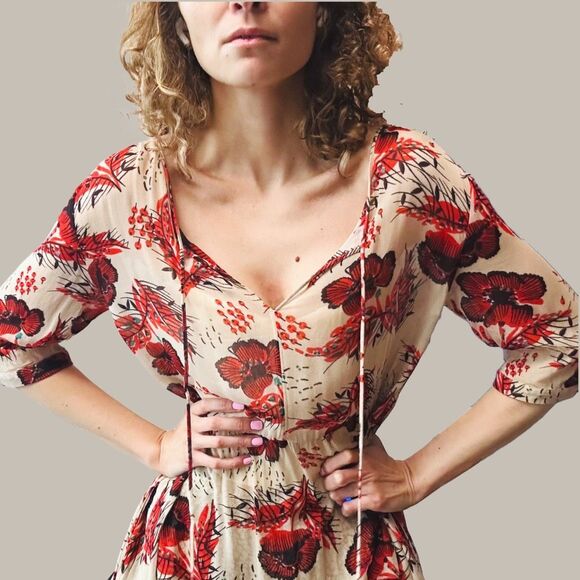 MAX&Co. Re-Edit Sheer Floral Midi Dress – Small – Beige Red Print – $395 - Picture 2 of 9